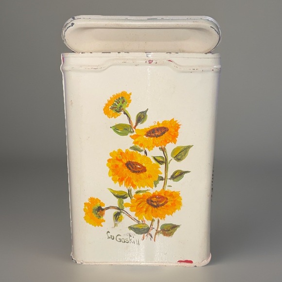 VTG Prince Albert Tin Hinge Lid Canister Handpainted Signed Sunflower Kitchen - Picture 1 of 4